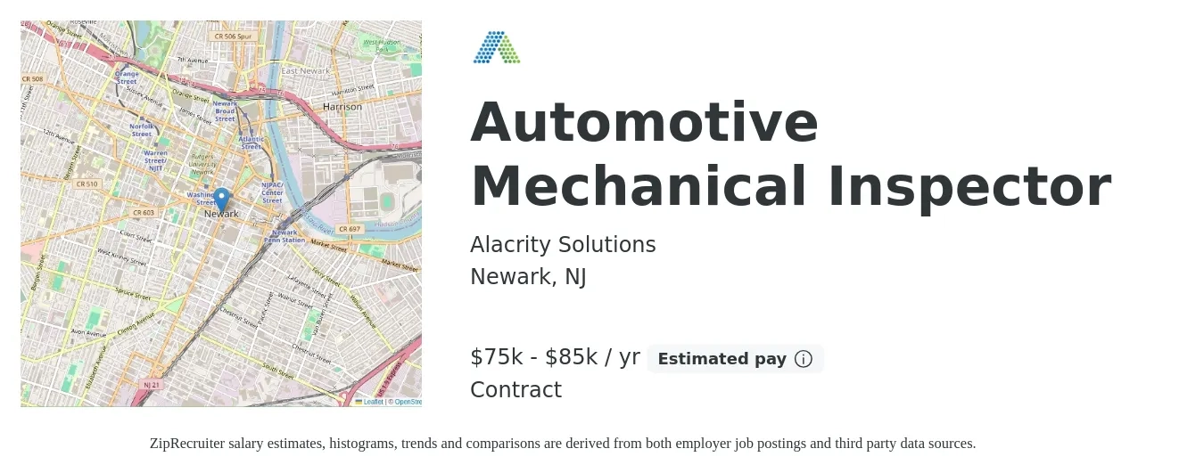 Alacrity Solutions job posting for a Automotive Mechanical Inspector in Newark, NJ with a salary of $75,000 to $85,000 Yearly with a map of Newark location.