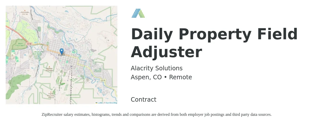Alacrity Solutions job posting for a Daily Property Field Adjuster in Aspen, CO with a salary of $81,600 to $105,800 Yearly with a map of Aspen location.