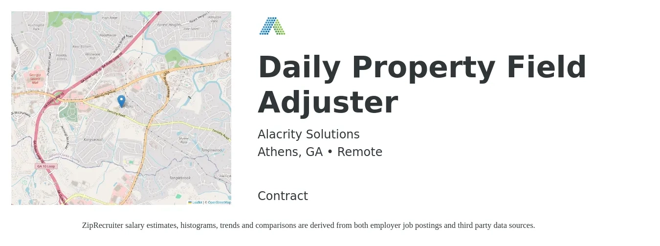 Alacrity Solutions job posting for a Daily Property Field Adjuster in Athens, GA with a salary of $65,200 to $84,500 Yearly with a map of Athens location.