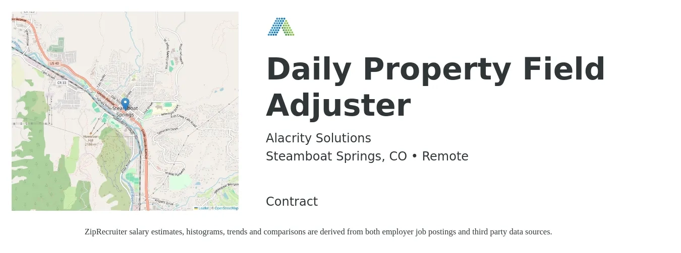 Alacrity Solutions job posting for a Daily Property Field Adjuster in Steamboat Springs, CO with a salary of $71,200 to $92,300 Yearly with a map of Steamboat Springs location.