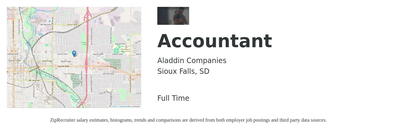 Aladdin Companies job posting for a Accountant in Sioux Falls, SD with a salary of $53,200 to $78,100 Yearly with a map of Sioux Falls location.