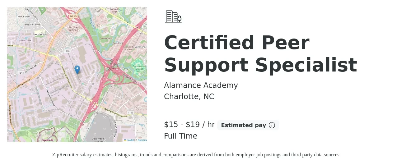 Alamance Academy job posting for a Certified Peer Support Specialist in Charlotte, NC with a salary of $16 to $20 Hourly with a map of Charlotte location.