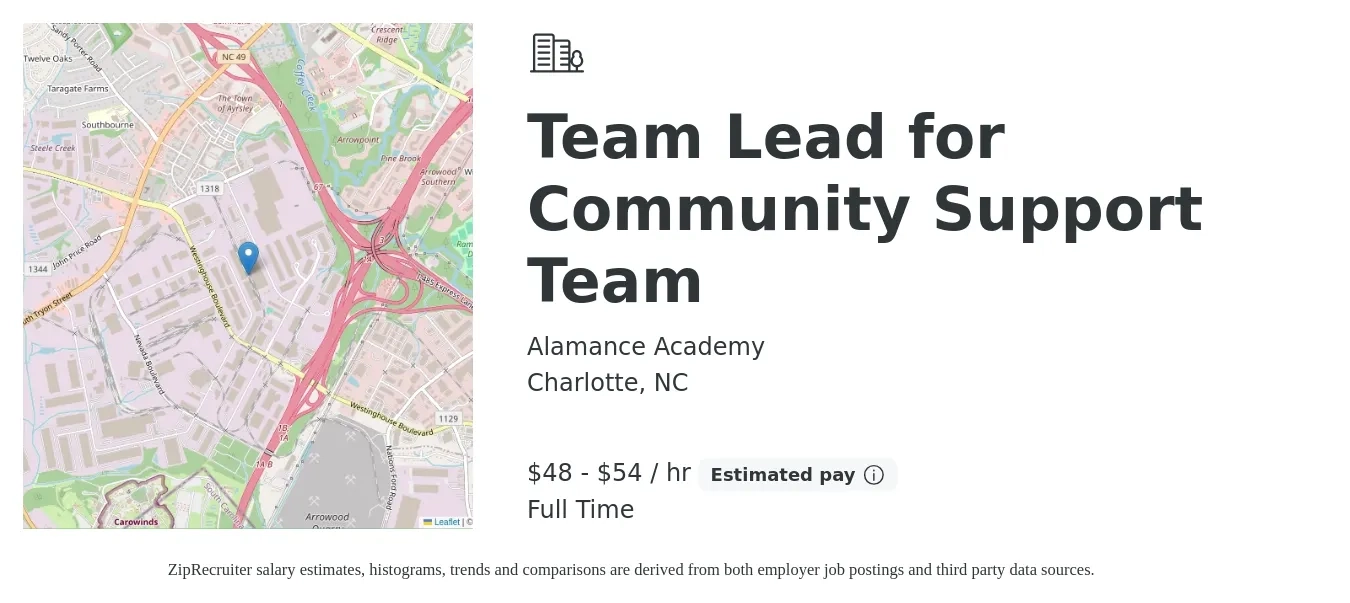 Alamance Academy job posting for a Team Lead for Community Support Team in Charlotte, NC with a salary of $50 to $57 Hourly with a map of Charlotte location.