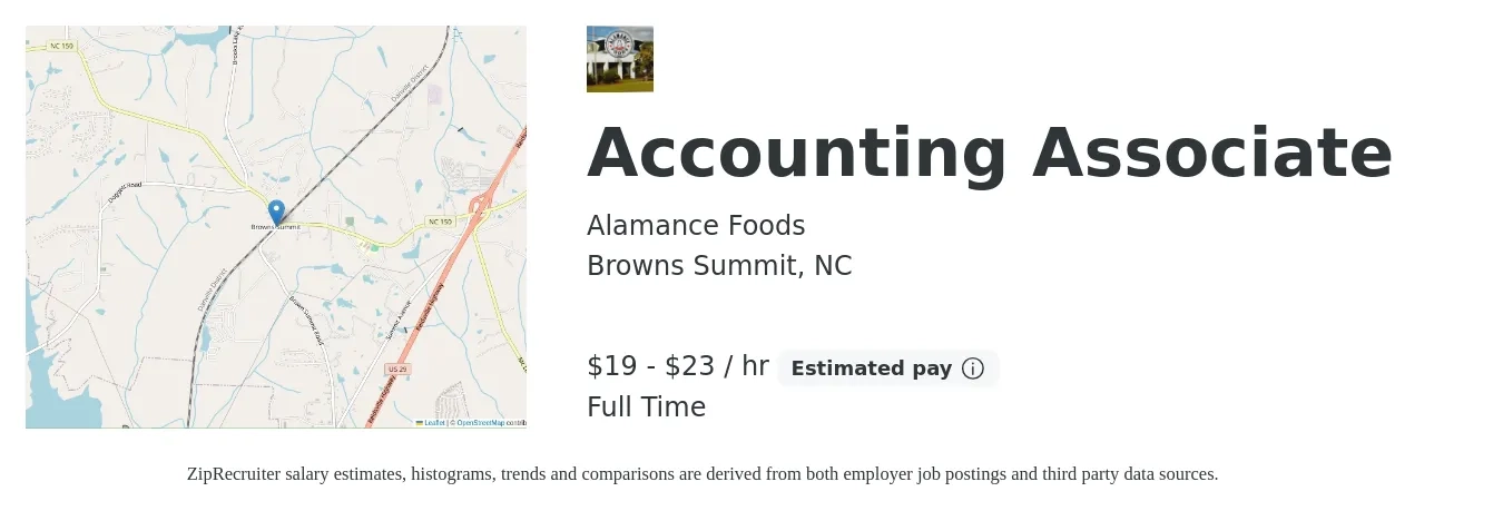 Alamance Foods job posting for a Accounting Associate in Browns Summit, NC with a salary of $20 to $24 Hourly with a map of Browns Summit location.