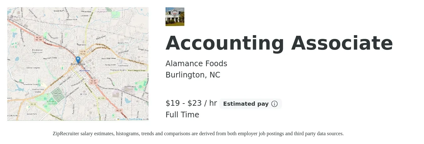 Alamance Foods job posting for a Accounting Associate in Burlington, NC with a salary of $20 to $24 Hourly with a map of Burlington location.