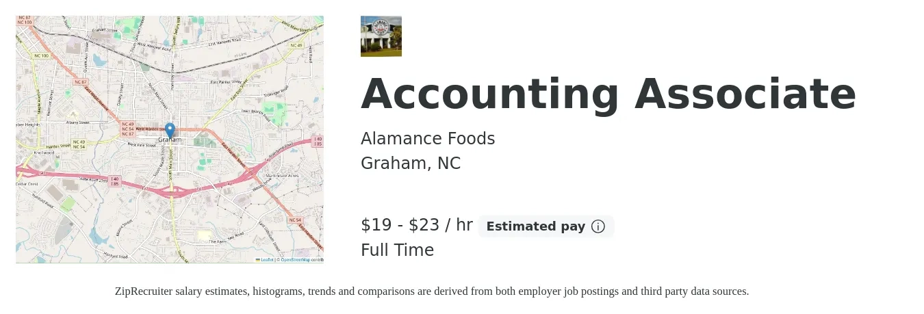 Alamance Foods job posting for a Accounting Associate in Graham, NC with a salary of $20 to $24 Hourly with a map of Graham location.