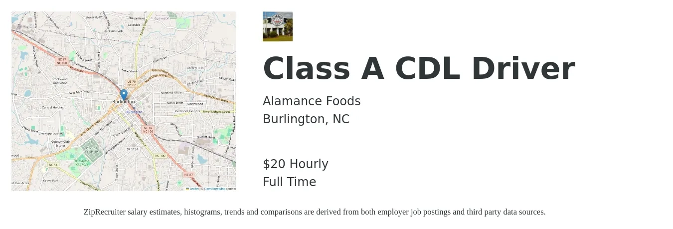 Alamance Foods job posting for a Class A CDL Driver in Burlington, NC with a salary of $22 Hourly with a map of Burlington location.