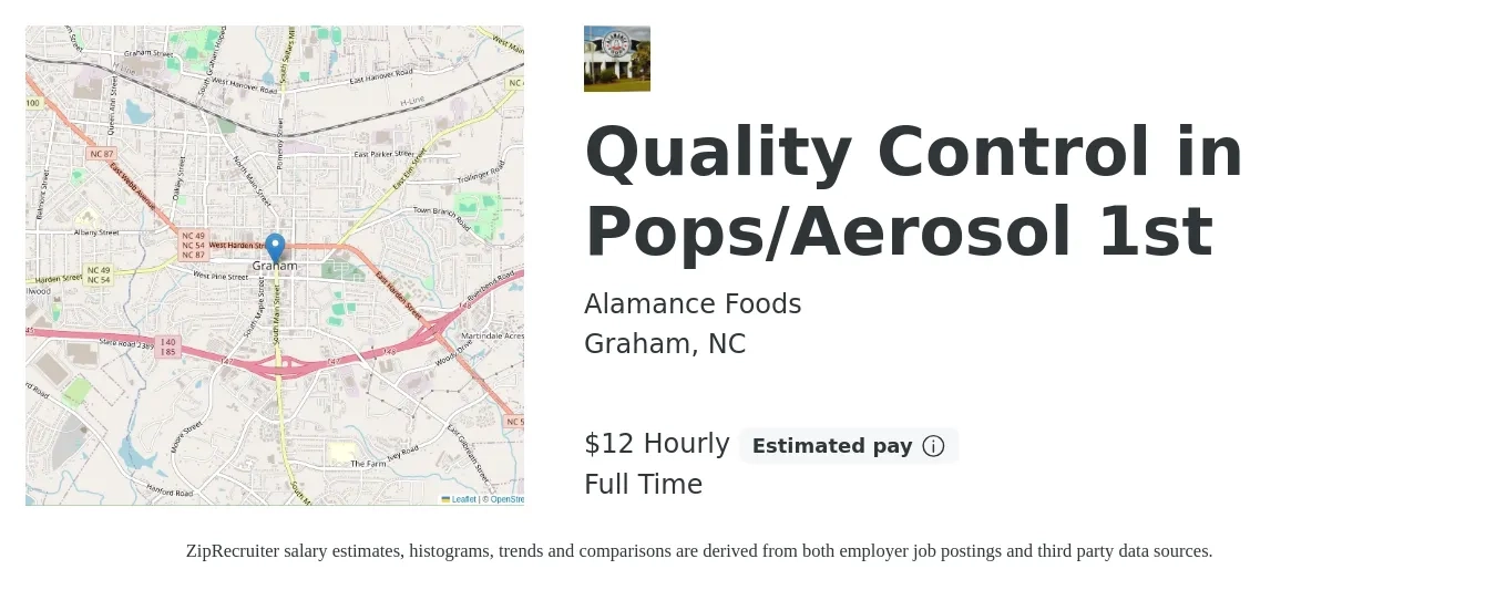 Alamance Foods job posting for a Quality Control in Pops/Aerosol 1st in Graham, NC with a salary of $14 Hourly with a map of Graham location.