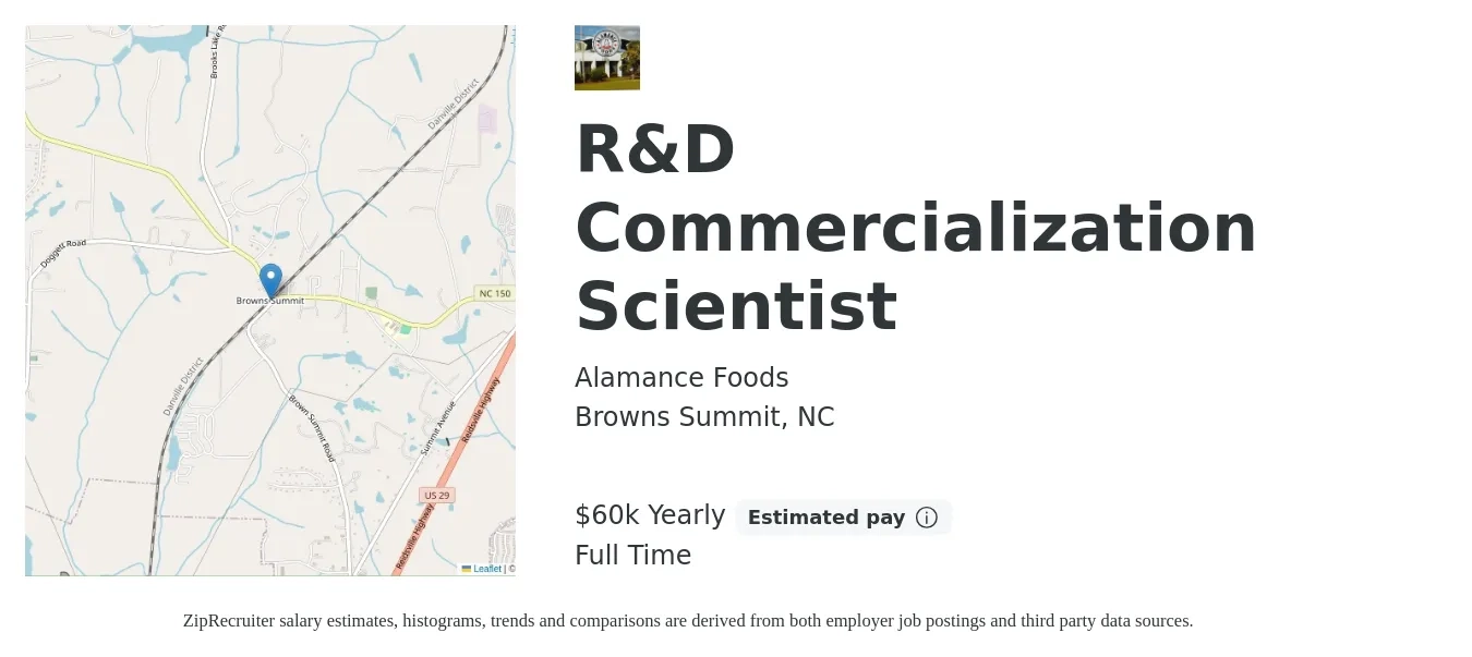 Alamance Foods job posting for a R&D Commercialization Scientist in Browns Summit, NC with a salary of $60,000 Yearly with a map of Browns Summit location.