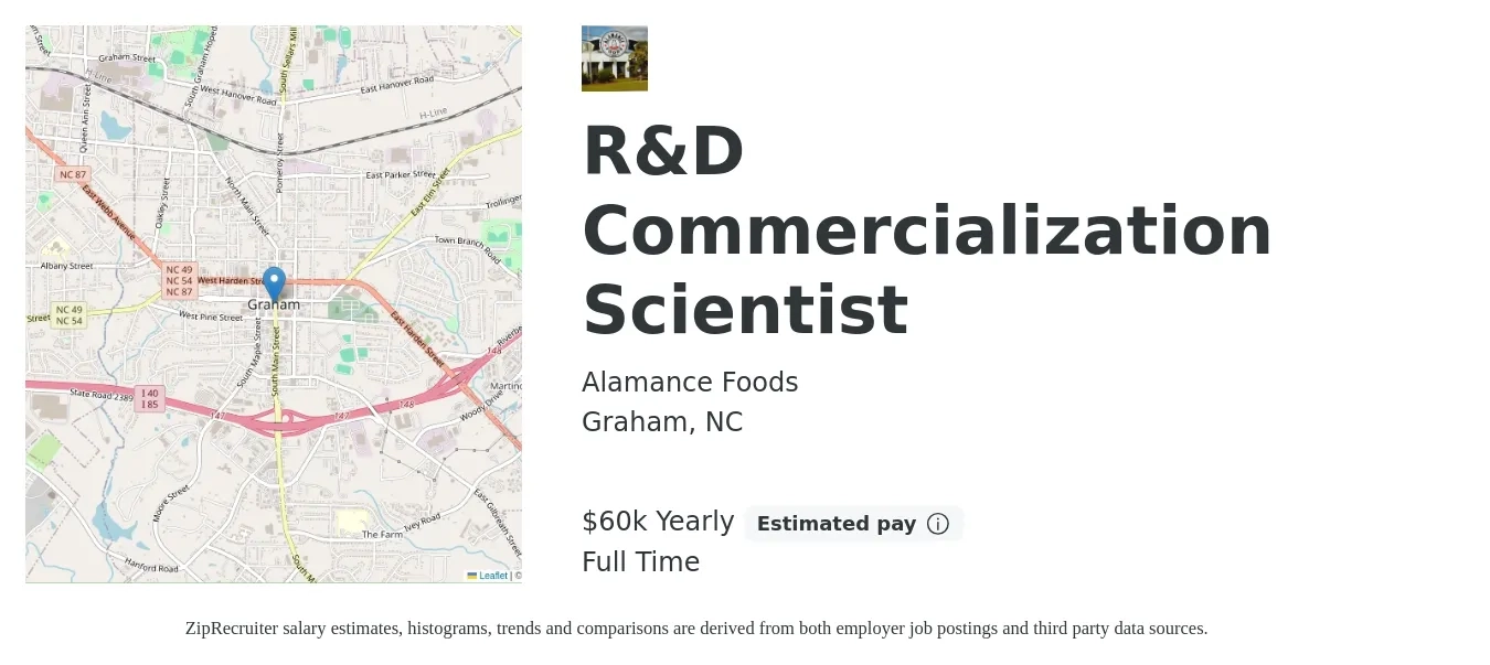 Alamance Foods job posting for a R&D Commercialization Scientist in Graham, NC with a salary of $60,000 Yearly with a map of Graham location.
