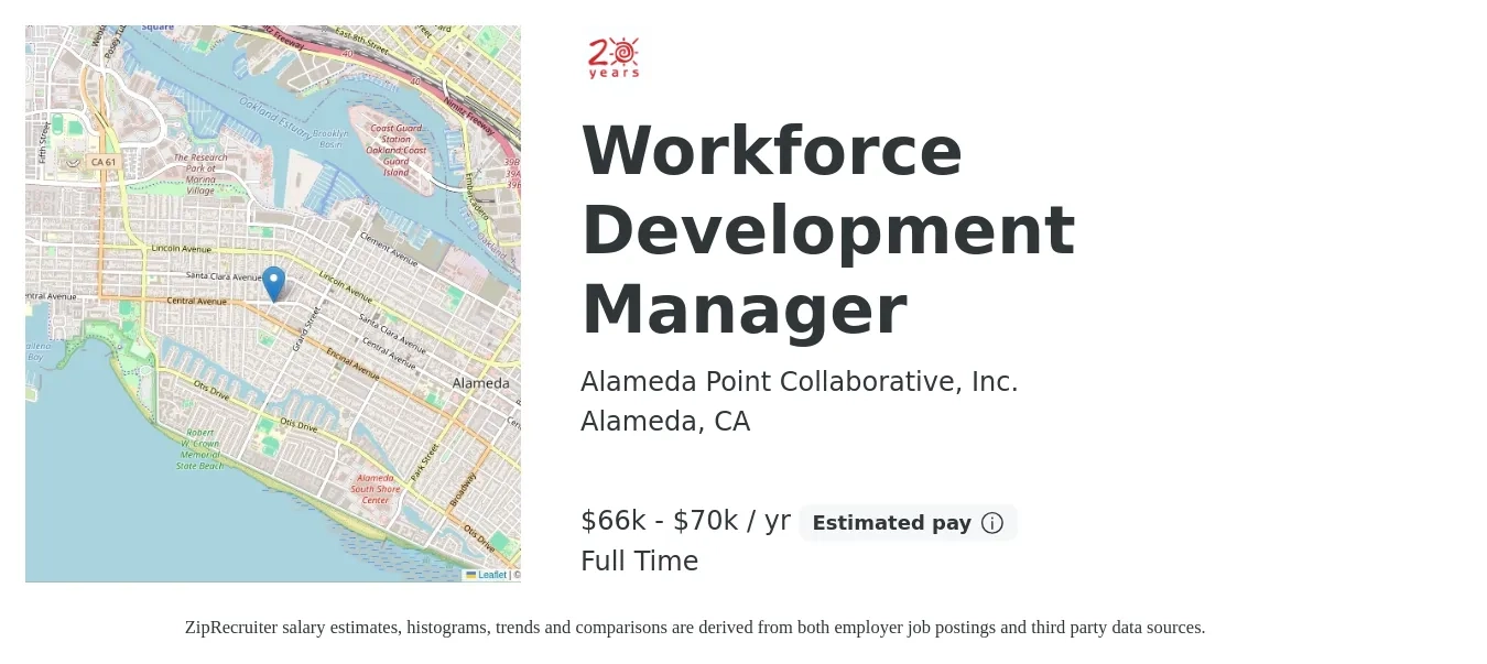 Alameda Point Collaborative, Inc. job posting for a Workforce Development Manager in Alameda, CA with a salary of $66,560 to $70,000 Yearly with a map of Alameda location.