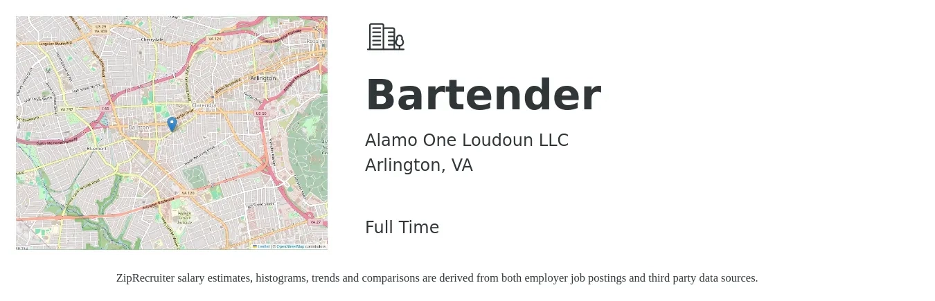 Alamo One Loudoun LLC job posting for a Bartender in Arlington, VA with a salary of $12 to $22 Hourly with a map of Arlington location.