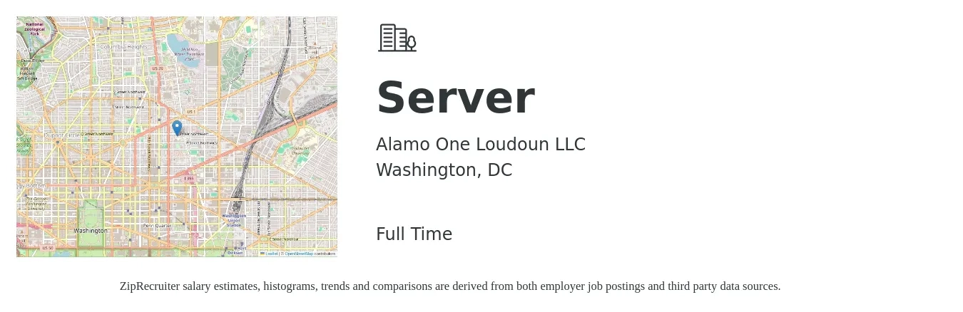 Alamo One Loudoun LLC job posting for a Server in Washington, DC with a salary of $12 to $20 Hourly with a map of Washington location.