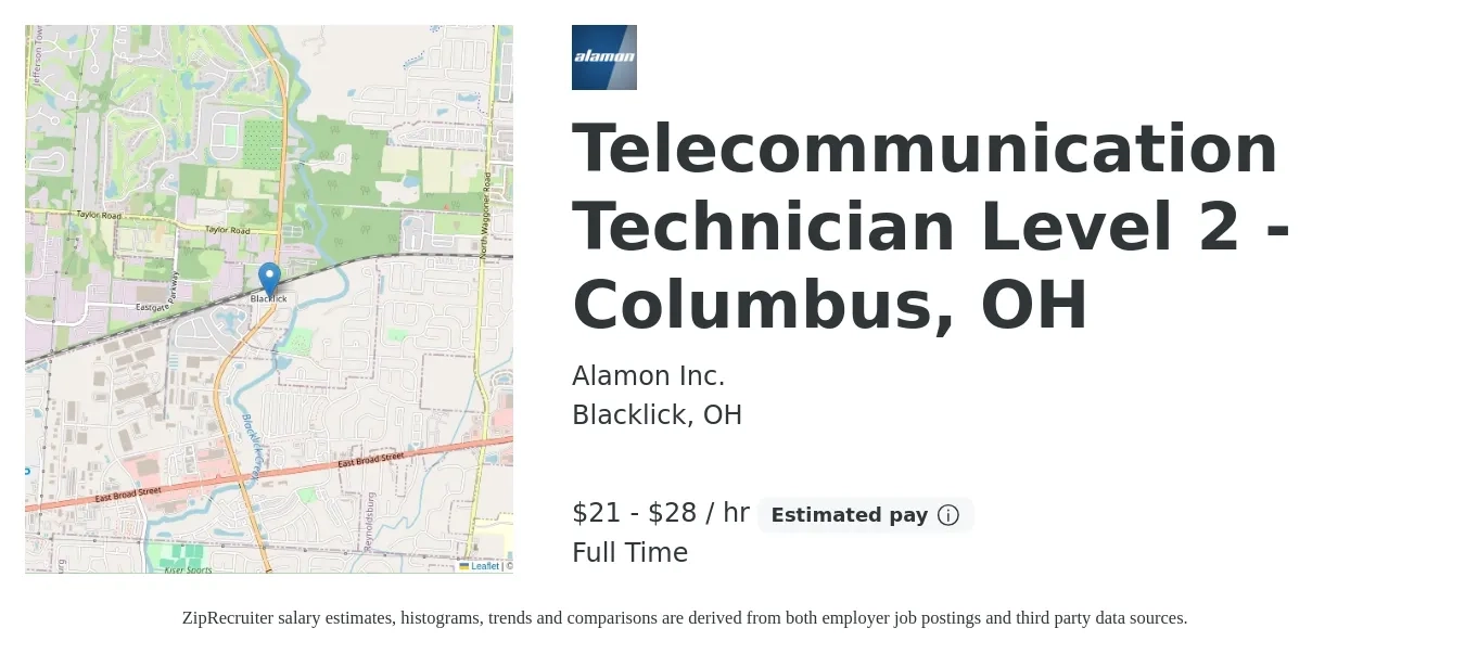 Alamon Inc. job posting for a Telecommunication Technician Level 2 - Columbus, OH in Blacklick, OH with a salary of $22 to $30 Hourly with a map of Blacklick location.