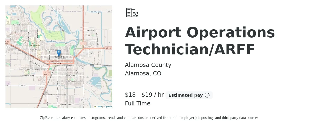 Alamosa County job posting for a Airport Operations Technician/ARFF in Alamosa, CO with a salary of $19 to $20 Hourly with a map of Alamosa location.