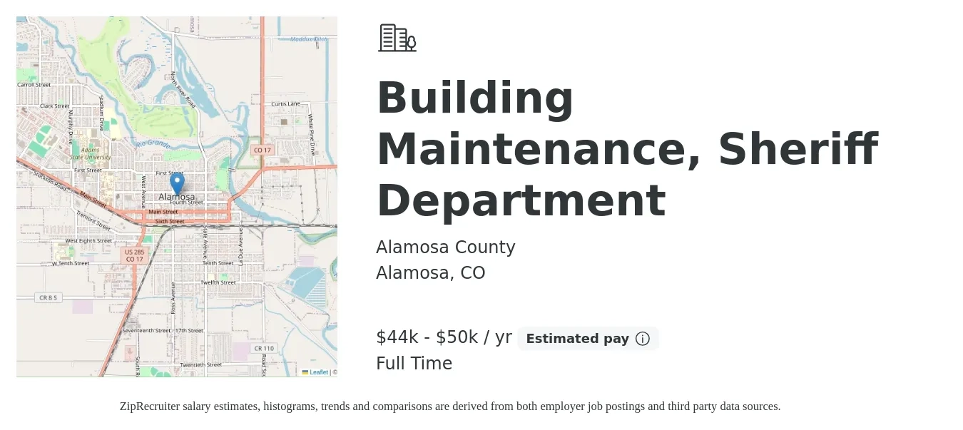 Alamosa County job posting for a Building Maintenance, Sheriff Department in Alamosa, CO with a salary of $44,000 to $50,000 Yearly with a map of Alamosa location.