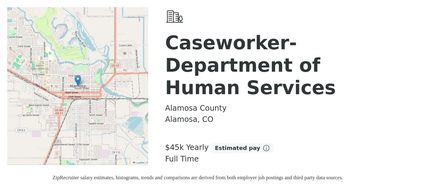 Alamosa County job posting for a Caseworker- Department of Human Services in Alamosa, CO with a salary of $45,201 Yearly with a map of Alamosa location.