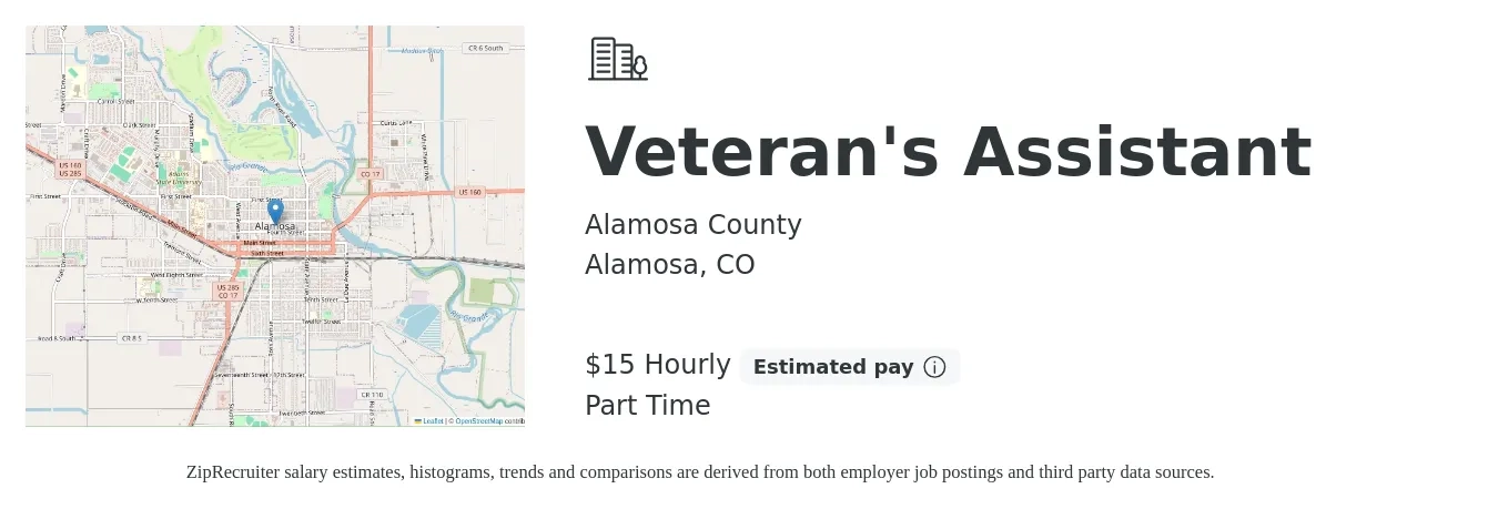 Alamosa County job posting for a Veteran's Assistant in Alamosa, CO with a salary of $16 Hourly with a map of Alamosa location.