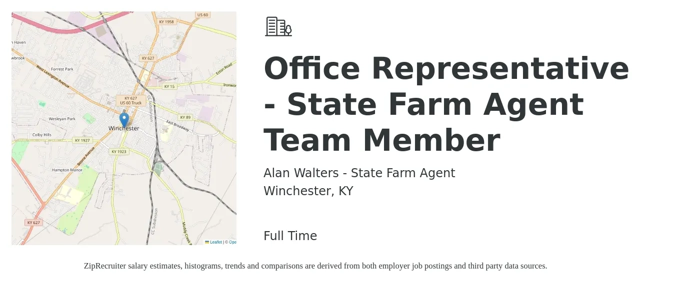 Alan Walters - State Farm Agent job posting for a Office Representative - State Farm Agent Team Member in Winchester, KY with a salary of $15 to $20 Hourly with a map of Winchester location.