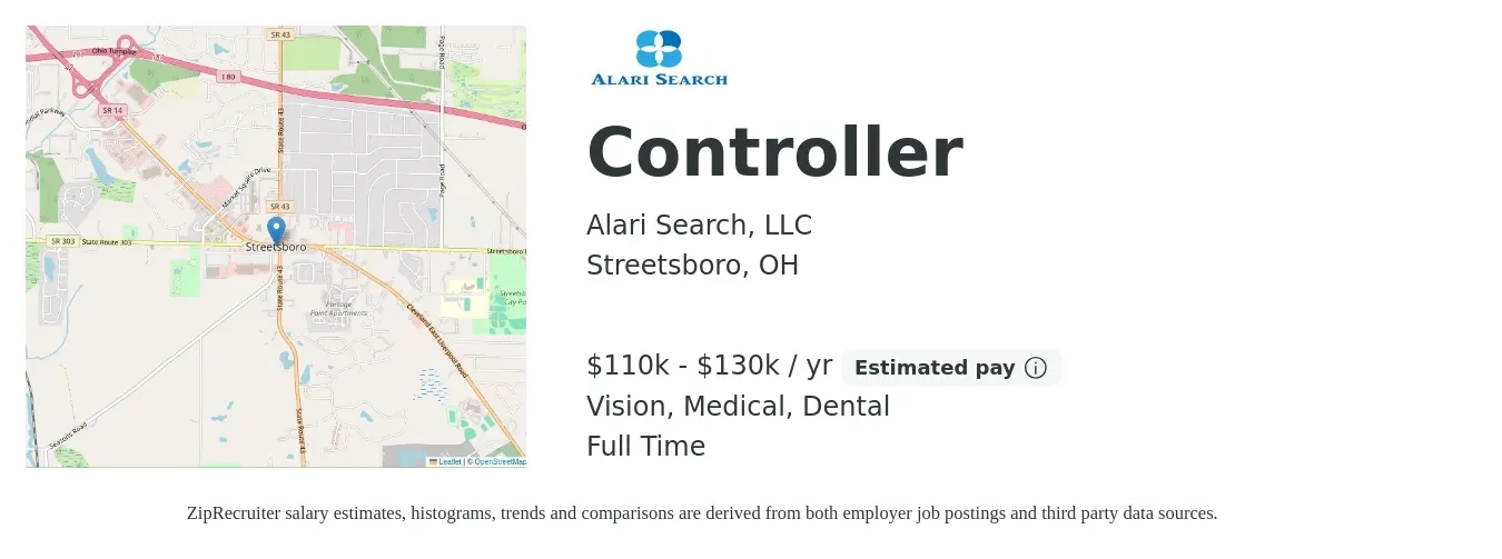 Alari Search, LLC job posting for a Controller in Streetsboro, OH with a salary of $110,000 to $130,000 Yearly and benefits including dental, life_insurance, medical, pto, retirement, and vision with a map of Streetsboro location.