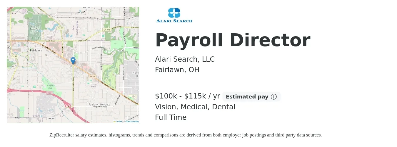 Alari Search, LLC job posting for a Payroll Director in Fairlawn, OH with a salary of $100,000 to $115,000 Yearly and benefits including vision, dental, and medical with a map of Fairlawn location.