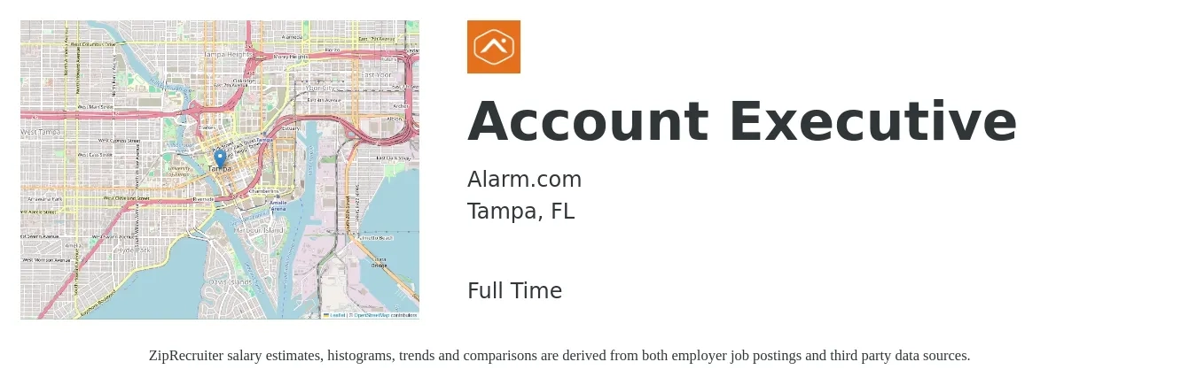 Alarm.com job posting for a Account Executive in Tampa, FL with a salary of $51,000 to $89,800 Yearly with a map of Tampa location.