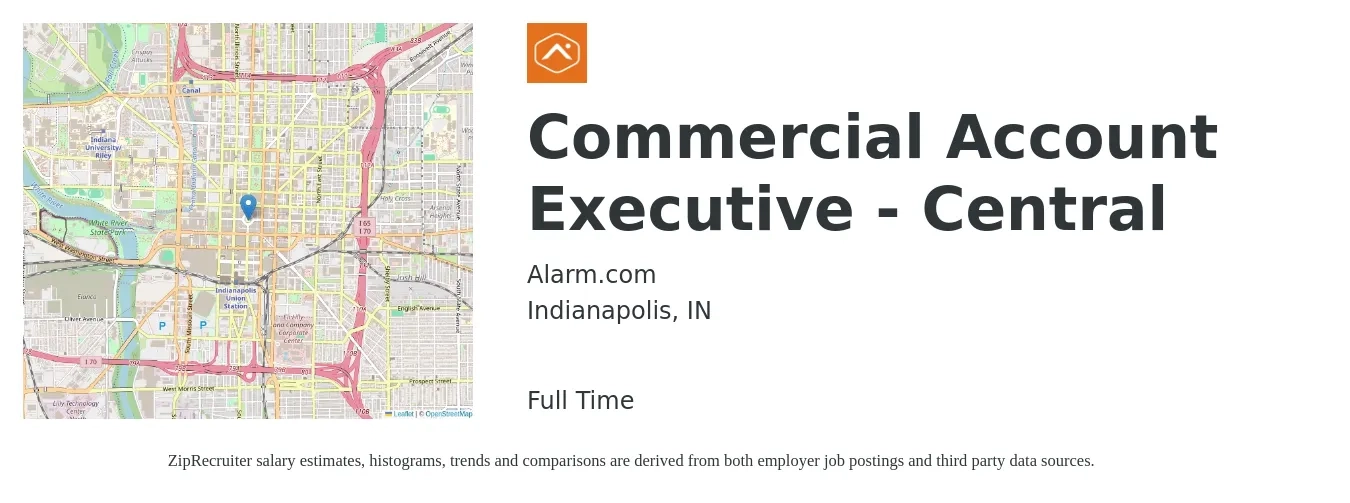 Alarm.com job posting for a Commercial Account Executive - Central in Indianapolis, IN with a salary of $66,900 to $126,700 Yearly with a map of Indianapolis location.
