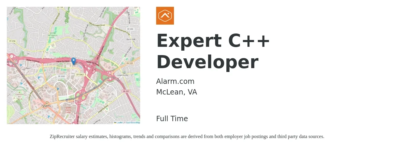 Alarm.com job posting for a Expert C++ Developer in McLean, VA with a salary of $50 to $67 Hourly with a map of McLean location.