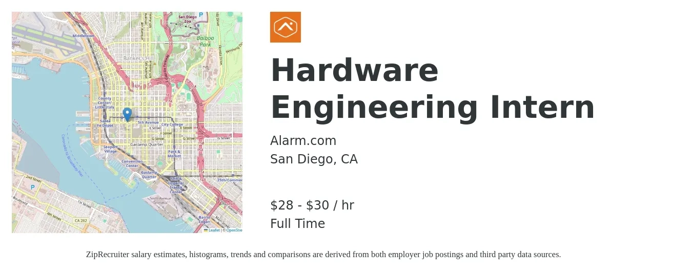 Alarm.com job posting for a Hardware Engineering Intern in San Diego, CA with a salary of $32 Hourly with a map of San Diego location.