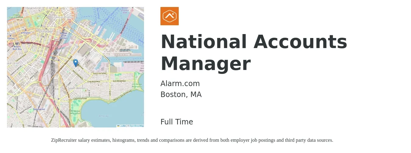 Alarm.com job posting for a National Accounts Manager in Boston, MA with a salary of $105,400 to $135,800 Yearly with a map of Boston location.