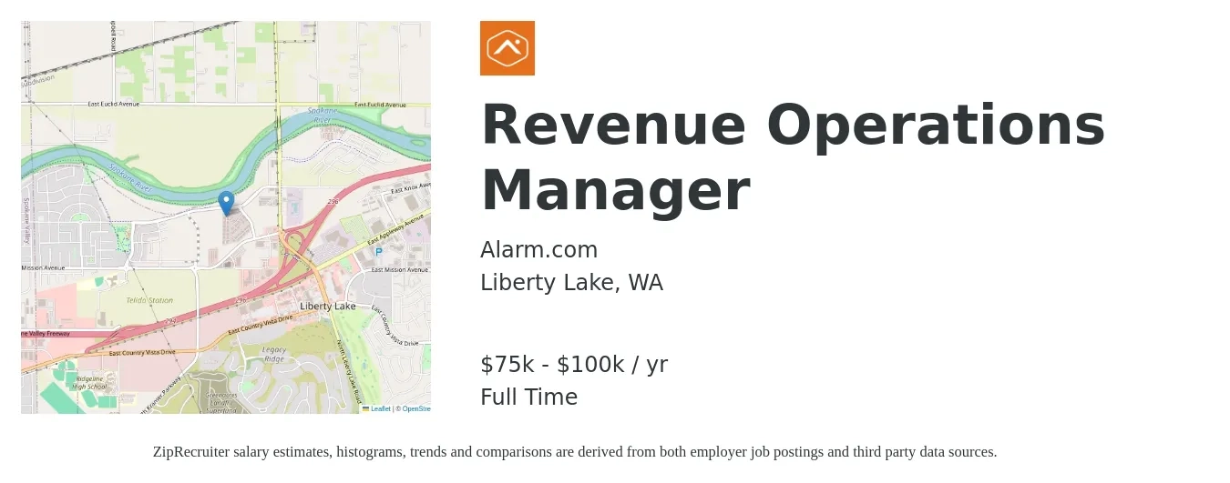 Alarm.com job posting for a Revenue Operations Manager in Liberty Lake, WA with a salary of $75,000 to $100,000 Yearly with a map of Liberty Lake location.
