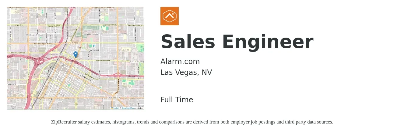 Alarm.com job posting for a Sales Engineer in Las Vegas, NV with a salary of $71,600 to $107,400 Yearly with a map of Las Vegas location.