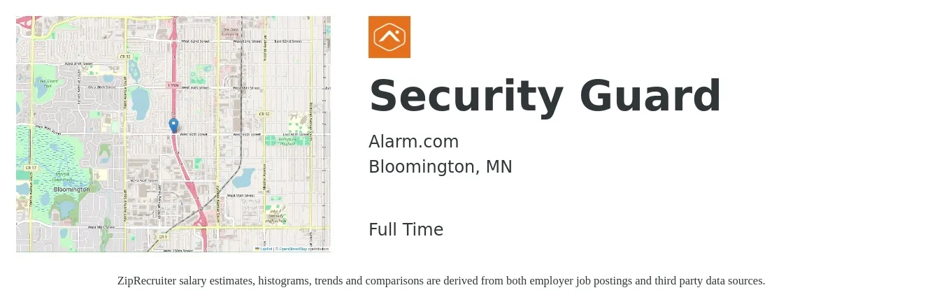 Alarm.com job posting for a Security Guard in Bloomington, MN with a salary of $16 to $20 Hourly with a map of Bloomington location.