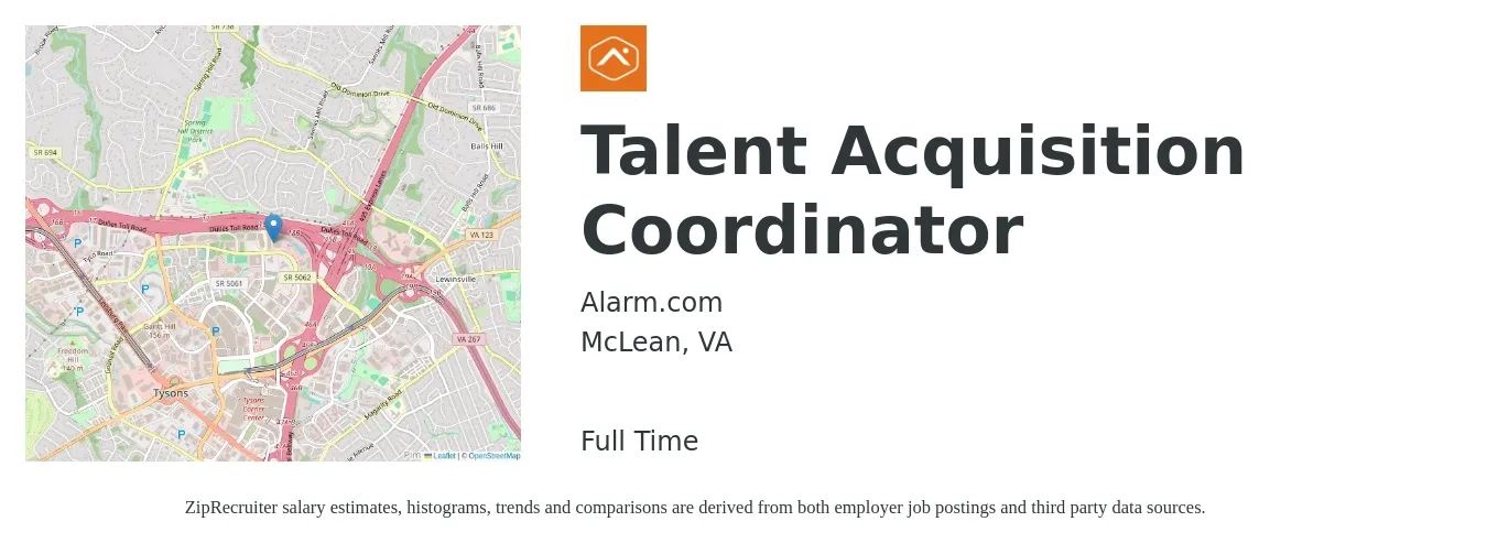 Alarm.com job posting for a Talent Acquisition Coordinator in McLean, VA with a salary of $21 to $28 Hourly with a map of McLean location.