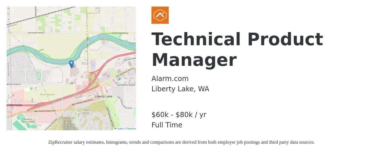 Alarm.com job posting for a Technical Product Manager in Liberty Lake, WA with a salary of $60,000 to $80,000 Yearly with a map of Liberty Lake location.