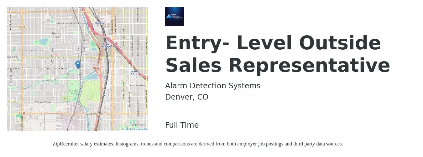 Alarm Detection Systems job posting for a Entry- Level Outside Sales Representative in Denver, CO with a salary of $40,000 Yearly with a map of Denver location.