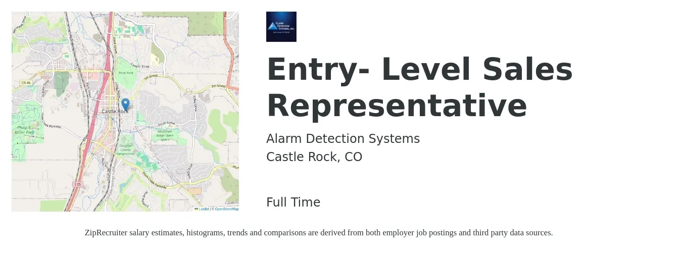 Alarm Detection Systems job posting for a Entry- Level Sales Representative in Castle Rock, CO with a salary of $40,000 Yearly with a map of Castle Rock location.