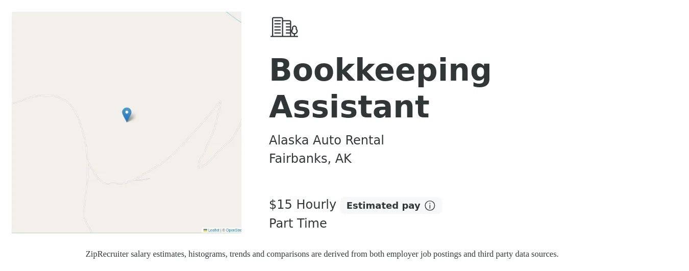 Alaska Auto Rental job posting for a Bookkeeping Assistant in Fairbanks, AK with a salary of $16 Yearly with a map of Fairbanks location.