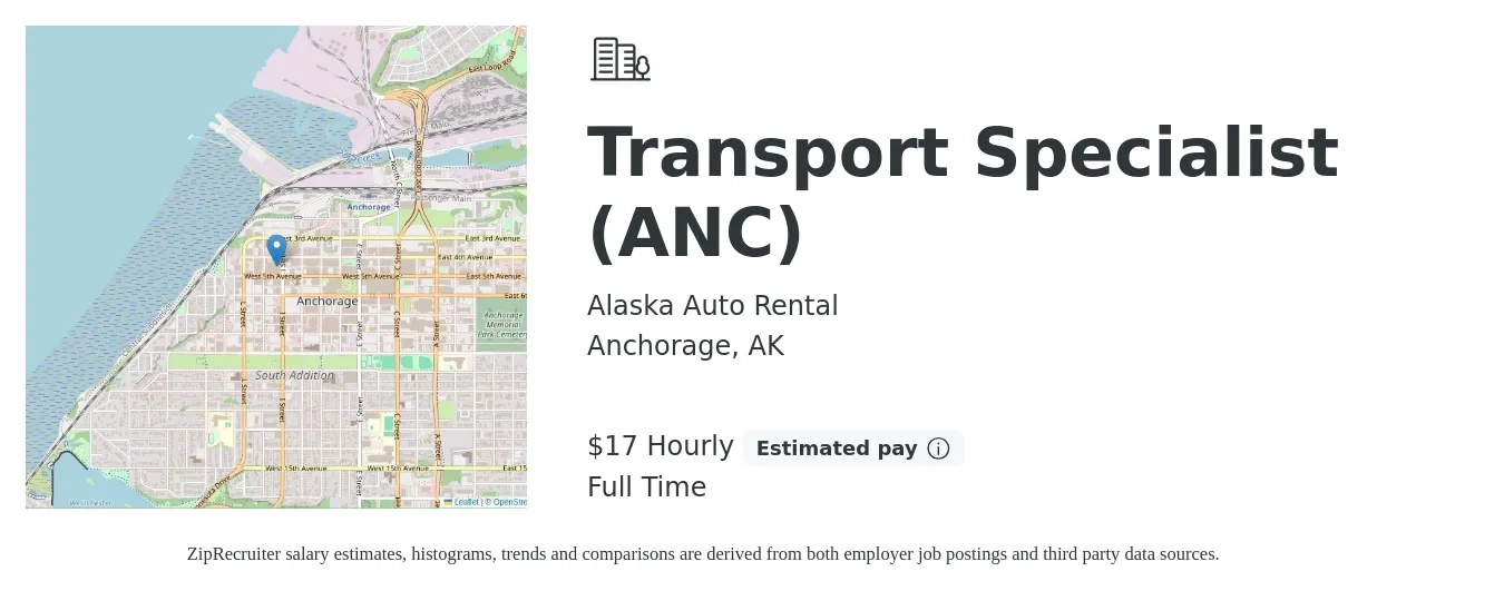 Alaska Auto Rental job posting for a Transport Specialist - ANC in Anchorage, AK with a salary of $17 Hourly with a map of Anchorage location.