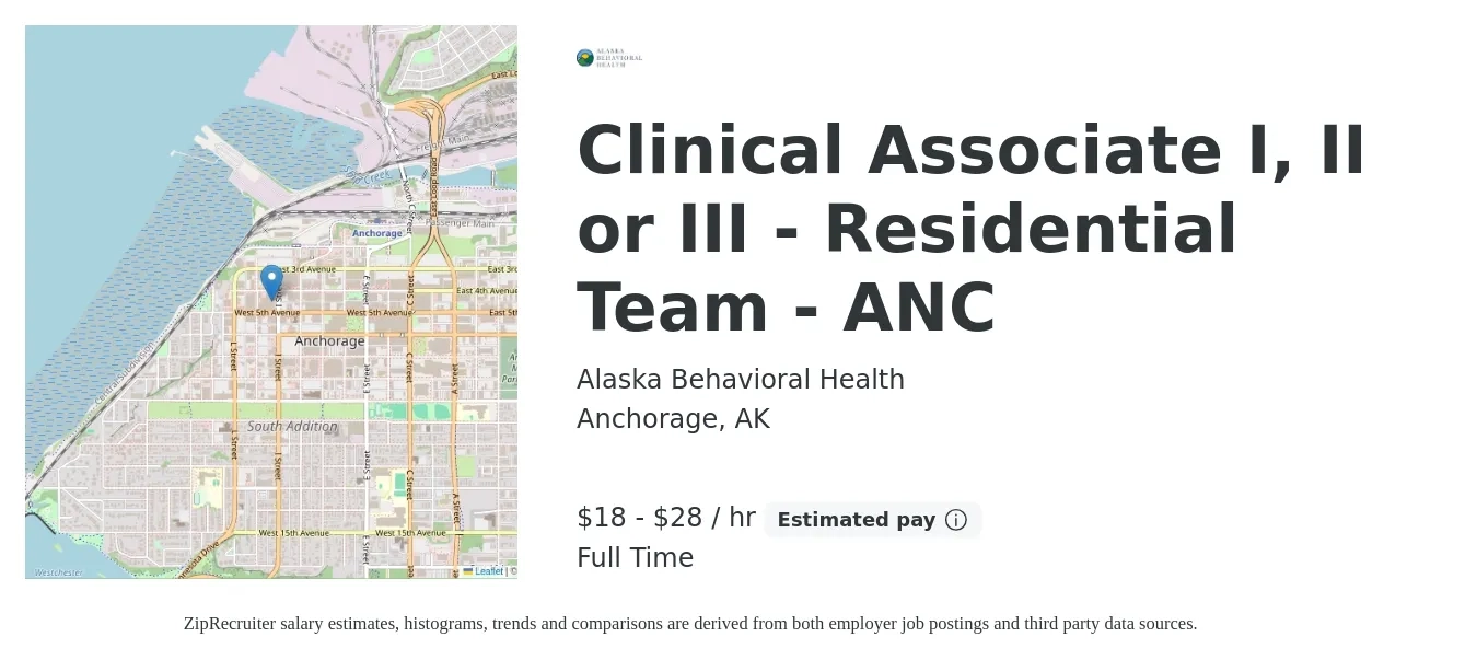 Alaska Behavioral Health job posting for a Clinical Associate I, II or III - Residential Team - ANC in Anchorage, AK with a salary of $19 to $29 Hourly with a map of Anchorage location.