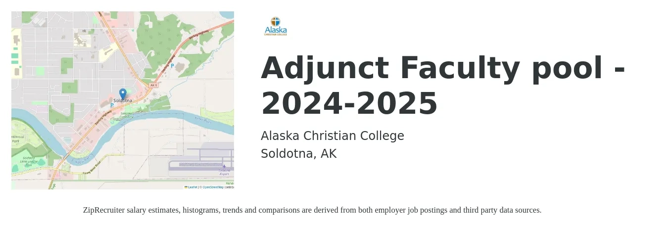 Alaska Christian College job posting for a Adjunct Faculty pool - 2024-2025 in Soldotna, AK with a salary of $40 to $76 Hourly with a map of Soldotna location.