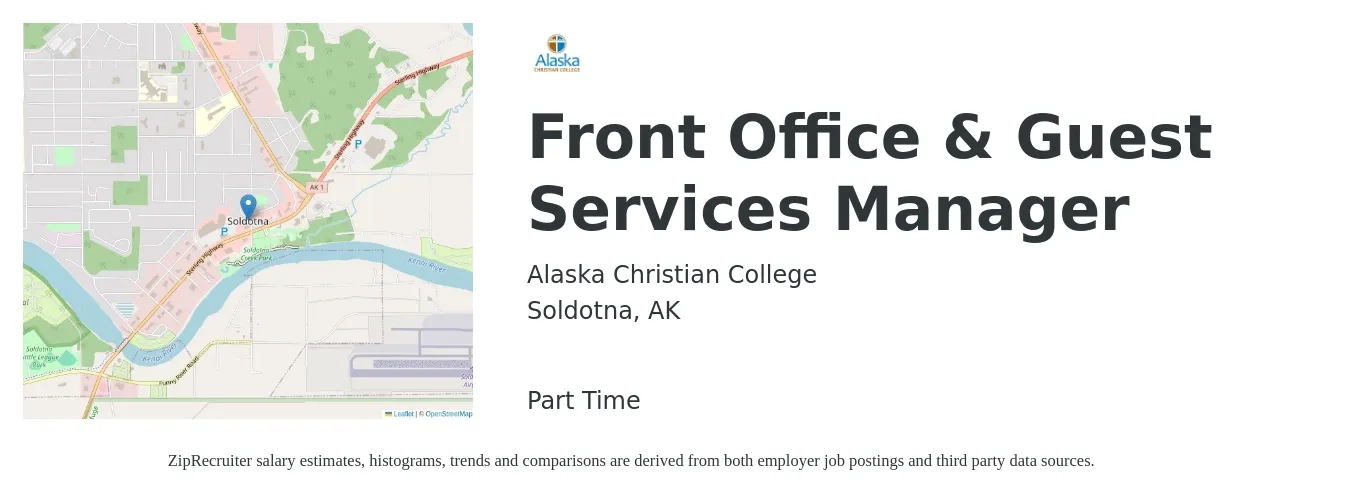 Alaska Christian College job posting for a Front Office & Guest Services Manager in Soldotna, AK with a salary of $21 to $31 Hourly with a map of Soldotna location.