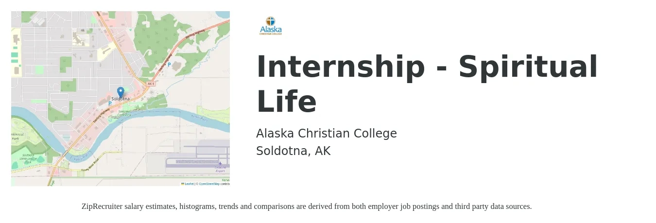 Alaska Christian College job posting for a Internship - Spiritual Life in Soldotna, AK with a salary of $52,800 to $87,100 Yearly with a map of Soldotna location.