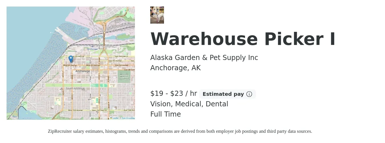 Alaska Garden & Pet Supply job posting for a Warehouse Picker I in Anchorage, AK with a salary of $20 to $24 Hourly and benefits including dental, life_insurance, medical, pto, and vision with a map of Anchorage location.