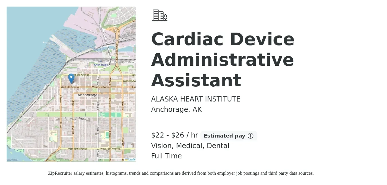 ALASKA HEART INSTITUTE job posting for a Cardiac Device Administrative Assistant in Anchorage, AK with a salary of $23 to $28 Hourly and benefits including dental, life_insurance, medical, pto, retirement, and vision with a map of Anchorage location.