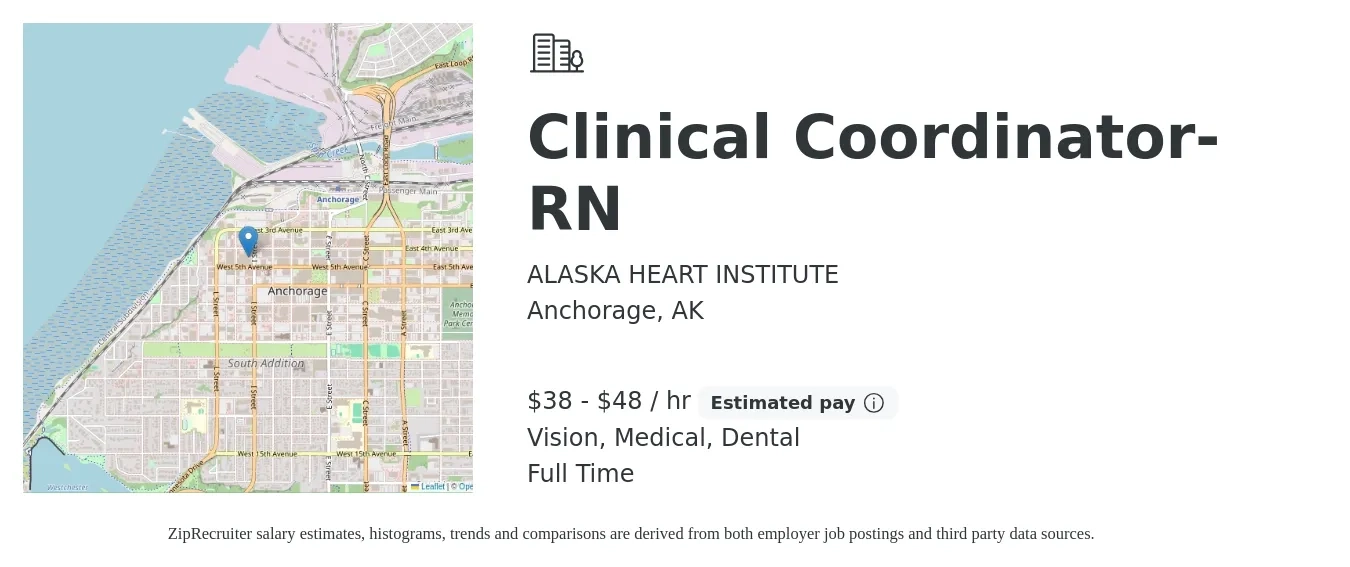 ALASKA HEART INSTITUTE job posting for a Clinical Coordinator- RN in Anchorage, AK with a salary of $40 to $50 Hourly and benefits including medical, pto, retirement, vision, dental, and life_insurance with a map of Anchorage location.