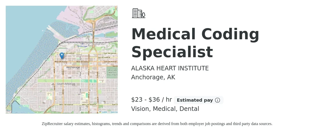 ALASKA HEART INSTITUTE job posting for a Medical Coding Specialist in Anchorage, AK with a salary of $24 to $38 Hourly and benefits including medical, pto, vision, dental, and life_insurance with a map of Anchorage location.