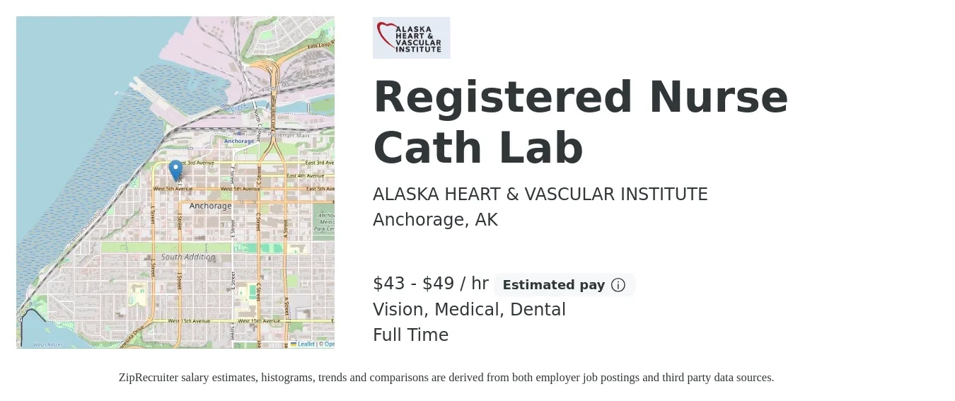 ALASKA HEART & VASCULAR INSTITUTE job posting for a Registered Nurse Cath Lab in Anchorage, AK with a salary of $45 to $51 Hourly and benefits including life_insurance, medical, pto, retirement, vision, and dental with a map of Anchorage location.