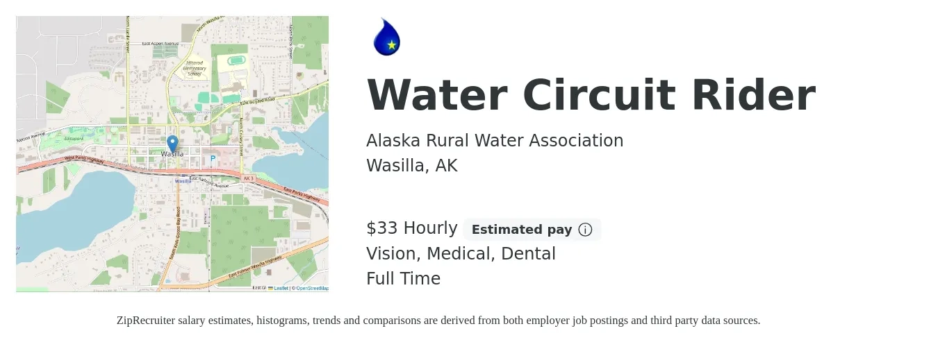Alaska Rural Water Association job posting for a Water Circuit Rider in Wasilla, AK with a salary of $35 Hourly and benefits including dental, medical, and vision with a map of Wasilla location.