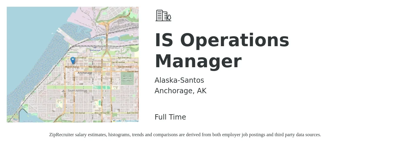 Alaska-Santos job posting for a IS Operations Manager in Anchorage, AK with a salary of $87,200 to $135,500 Yearly with a map of Anchorage location.